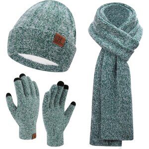 Women's Dark Green Warm Knit Beanie Hat Touchscreen Gloves Long Neck Scarf Set